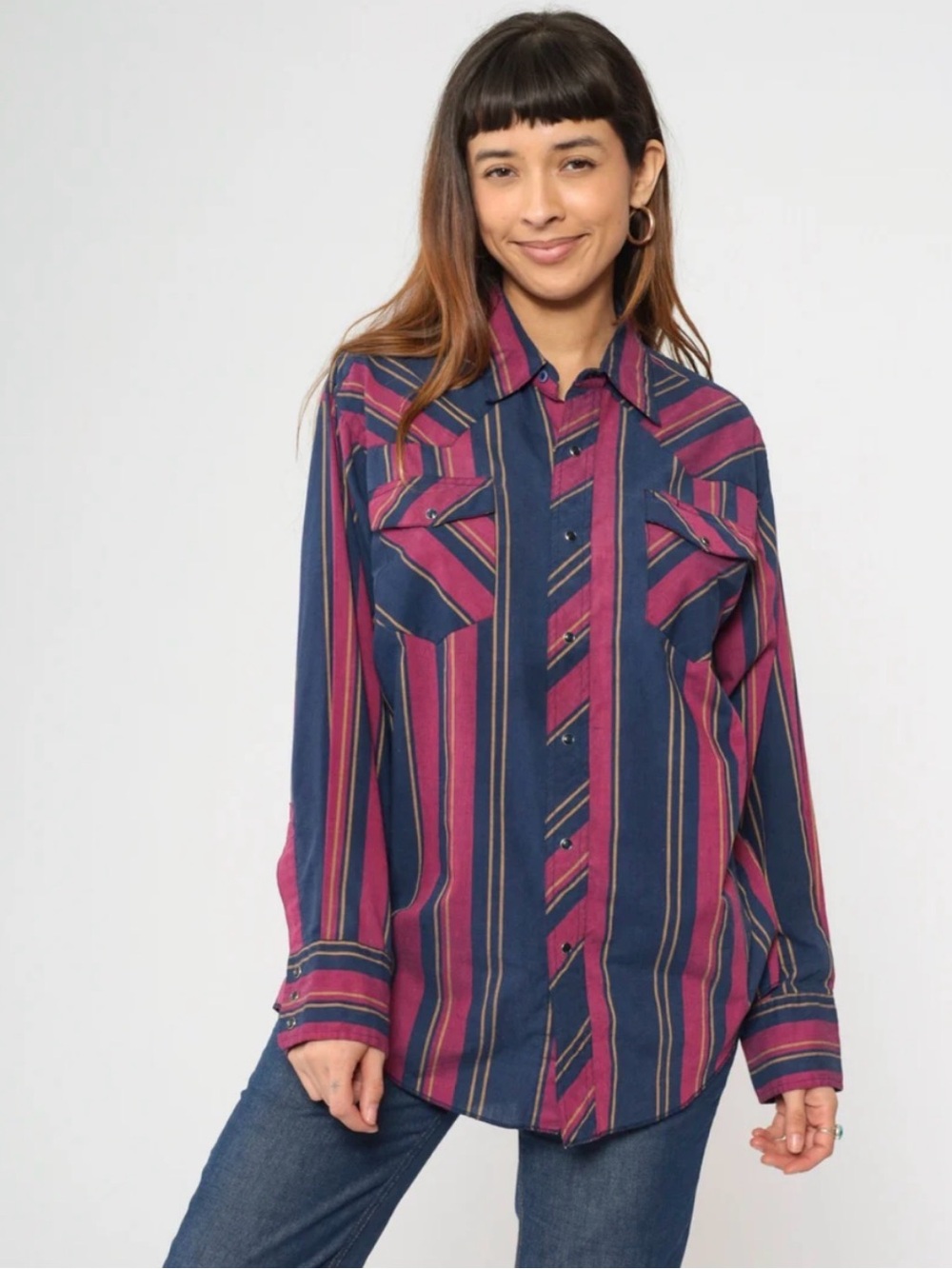 80’s Rustler Western Pearl Snap Long Tail Shirt in Navy & Magenta Size XL